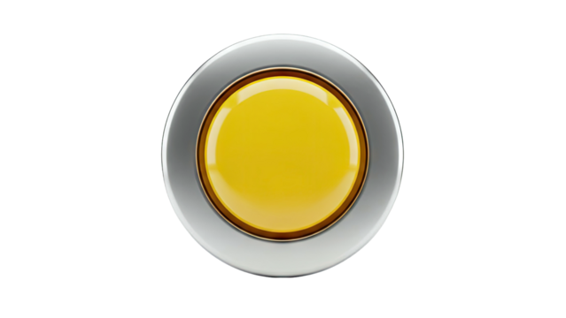3D Yellow illuminated button with metallic frame on transparent background - Powered by Adobe