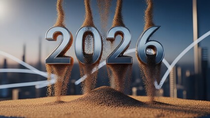 Three dimensional chrome numbers forming the year 2026 slowly cascade like sand through an hourglass concept above a cityscape background