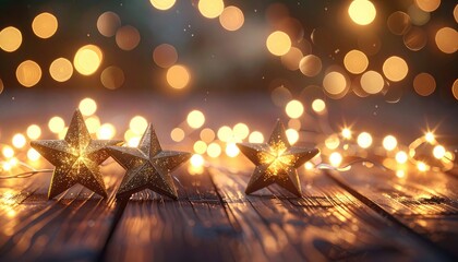 Three glittery gold stars rest on dark wooden planks illuminated by warm, soft bokeh lights.