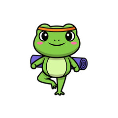 Obraz premium Cute Yoga Frog Character with Mat Standing in Balanced Pose Vector Illustration Graphic Design