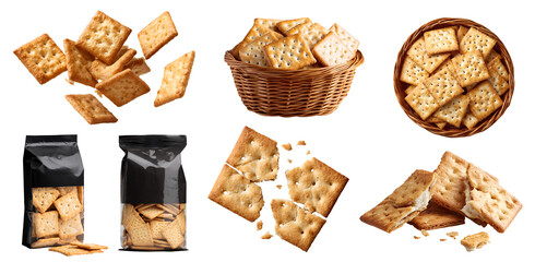 Set of crispy flat square crackers biscuit, baked thin snack staple food, rattan basket, takeaway bag package, stack pile broken, transparent cutout PNG. Many different Mockup