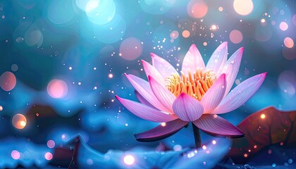 A luminous pink lotus flower floats in ethereal blue light with magical bokeh.