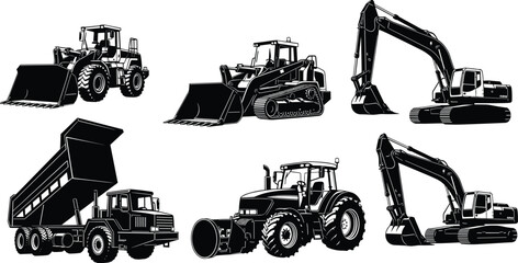 Heavy machinery silhouette set with excavators, loaders, dump truck, and tractor for construction, agriculture, and industrial themes. © Sihab Creatives