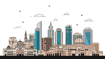 Obraz premium Dynamic City Skyline Illustration with Modern Skyscrapers and Traditional Domes showcasing Urban Architecture and Cultural Heritage