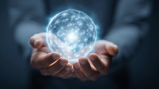 A person is holding a glowing sphere in their hands. The sphere is surrounded by a blue glow. Hands holding glowing ai mental support sphere, clean futuristic style, ai driven mental health tools
