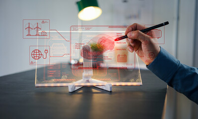 Industrial Engineer and AI, Artificial Intelligence concept, Manager Technical Industrial Engineer people and control robotics with monitoring system software and icon industry, Car EV technology