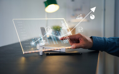 Businessman touch rocket launch investment growth, planning and starting corporate business start up aiming objective value development leadership and customer target group. 