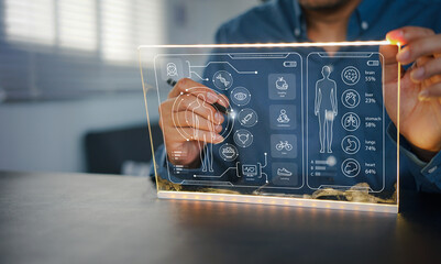 digital health care concept. Medicine doctor touching electronic medical record on virtual screen, Brain Analysis, DNA. Digital healthcare and network connection on modern interface,