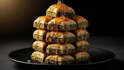 Stack of Golden Croissants on Black Plate.