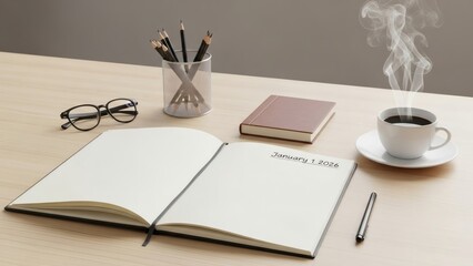 A calm workspace featuring a steaming coffee open notebook glasses and writing instruments on a wooden desk