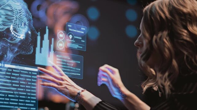 A person's hand is reaching out to another person's hand, with a blue and purple glow surrounding them. Hands interacting with holographic ai mental wellness panel, ai driven mental health tools