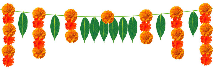  Indian festival Thoranam or Toran of marigold flowers isolated on transparent background with lotus flower and mango leaf, hanging in entrance of house, reception, mall, temple, functions.