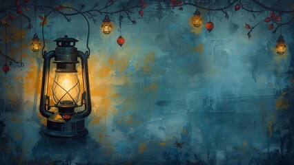 Vintage Lantern with Hanging Lights in Dark Room.