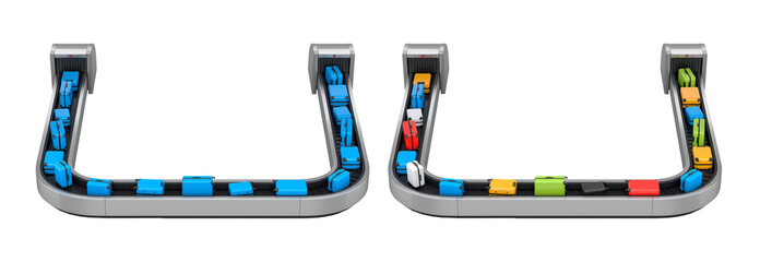 Set of Airport luggage conveyor belt or baggage claim area with suitcases on white.