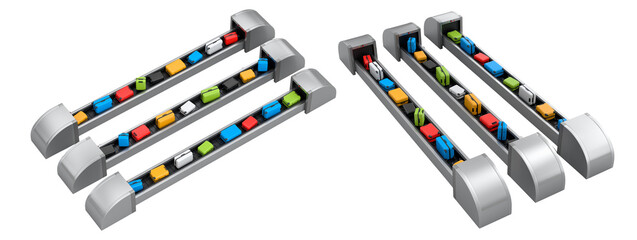 Set of Airport luggage conveyor belt or baggage claim area with suitcases on white.