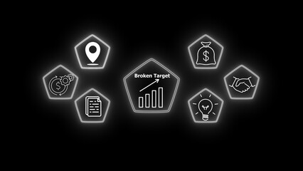 Fototapeta premium Futuristic neon business strategy icons set featuring growth chart, location pin, document, money bag, handshake, and idea light bulb. outline icons on dark background, representing business success,