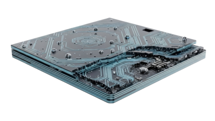 Cross-section of a circuit board, showcasing layers and intricate electronic pathways.