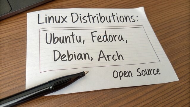 Handwritten note on Linux distributions highlighting Ubuntu, Fedora, Debian, Arch as popular open source options - Powered by Adobe
