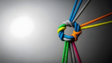 Vibrant multicolored cables tied together in a knot on a gray background