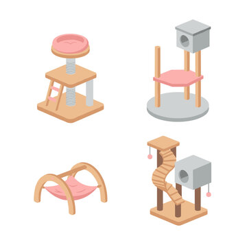 Modern cat furniture and scratching post set, wooden pet trees and hammock for domestic feline enrichment and home pet decor concept