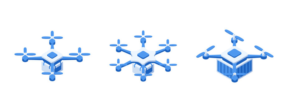Modern delivery drone technology icons set, autonomous hexacopter and quadcopter for logistics and futuristic transport concept
