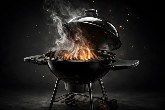 Floating smoky wisps and sparks dance above clean BBQ grill setup