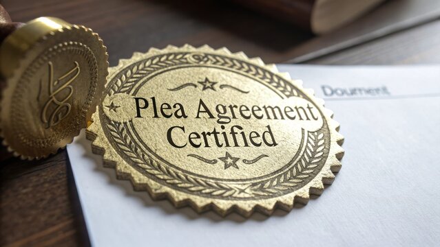 Plea Agreement Certification Seal on Document with Gavel and Legal Background for Law and Justice Concept
