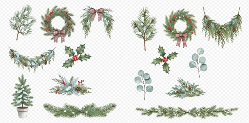 Watercolor Christmas and New Year festive decoration elements set with fir branches, wreaths, and holly berries. © studio