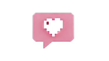 3D Pixel Heart in Pink Speech Bubble Icon on transparent background