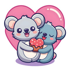 Koala couple sharing a heart-shaped donut isolated on transparent background