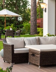 rattan garden furniture set with lamps and table in the background