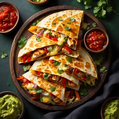 Delicious quesadillas on a wooden plate with salsa