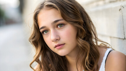 A beautiful brunette fashion model with glamorous makeup and a radiant smile poses showing her clear skin and expressive eyes