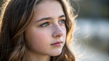 A closeup portrait of a beautiful fashion model looking at the camera with a soft smile and perfect makeup on her skin