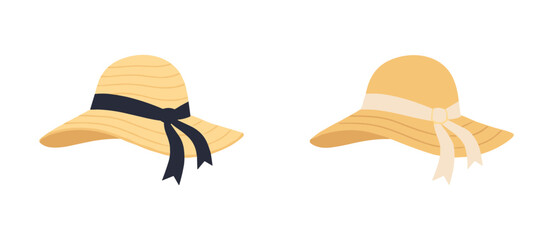 Two elegant straw sun hats with black and cream ribbons, summer fashion accessory for beach vacation and travel vector illustration