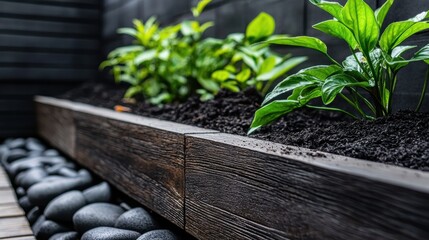 A wooden planter box with plants sits on a wooden deck, surrounded by rocks.