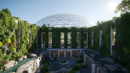 Lush Botanical Garden with Glass Dome Greenhouse.