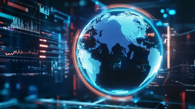 Rotating 3D globe in digital interface showcasing real-time data and global information