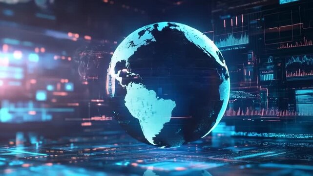 Rotating 3D globe in digital interface showcasing real-time data and global information