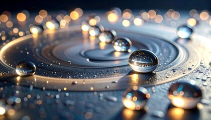 Close-up of clear orbs scattered on a reflective metallic surface, concentric circles radiating out, with bokeh lights in the background