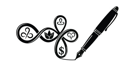Fountain pen drawing interconnected symbols of life, health, and wealth
