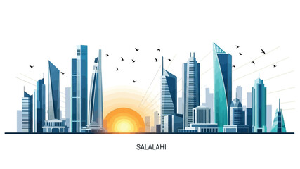 Fototapeta premium Stunning vector illustration of a contemporary urban skyline featuring towering skyscrapers against a vibrant sunrise or sunset backdrop, with elegant birds in flight