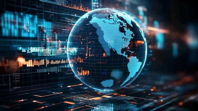 Rotating 3D globe in digital interface showcasing real-time data and global information