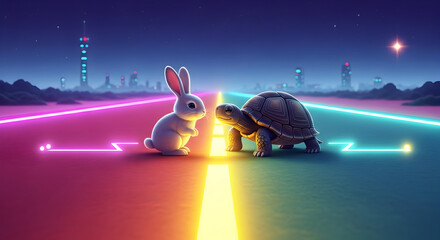 Hare and Tortoise in Neon Cyberpunk Race Illustration.