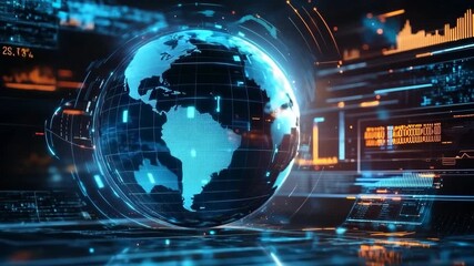 Rotating 3D globe in digital interface showcasing real-time data and global information - Powered by Adobe