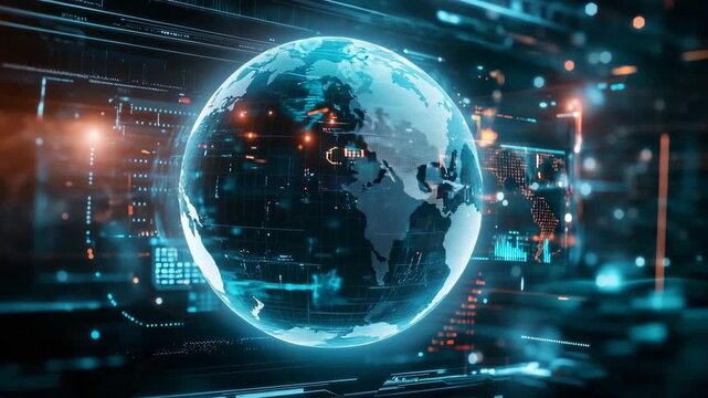 Rotating 3D globe in digital interface showcasing real-time data and global information