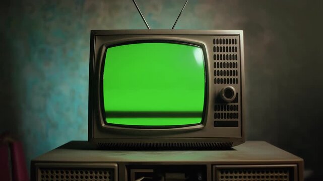 Cinematic zoom on retro green screen television vintage details worn texture nostalgic light