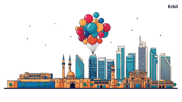 Erbil city skyline with colorful balloons floating above a modern architectural landscape