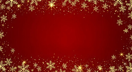 Festive Red Background with Golden Snowflakes and Glitter.