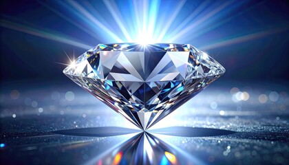 Brilliant, illuminated, cut diamond sparkling intensely against a dark blue bokeh background.